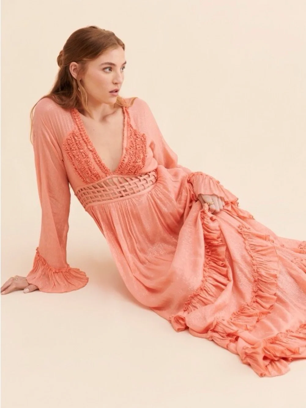 Free People coral Seraphina metallic maxi dress